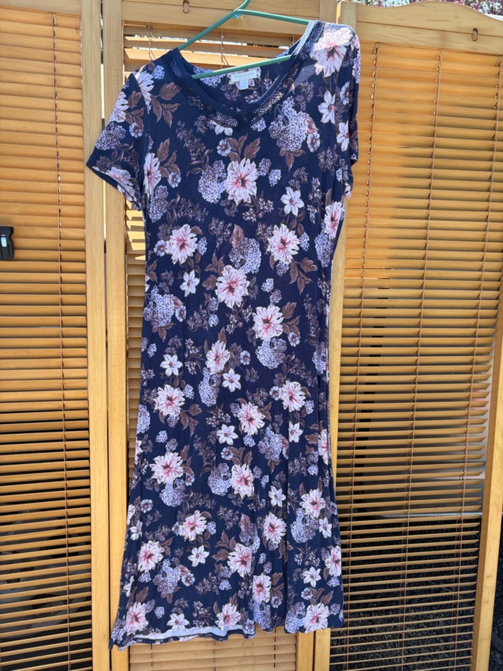 Charter Club PJ Navy Floral Short-Sleeve Midi Dress with Pink & Cream Blooms